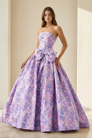 Armina | Lilac - Strapless Floral Printed A Line Long Formal Prom Dresses With Bow - KissProm