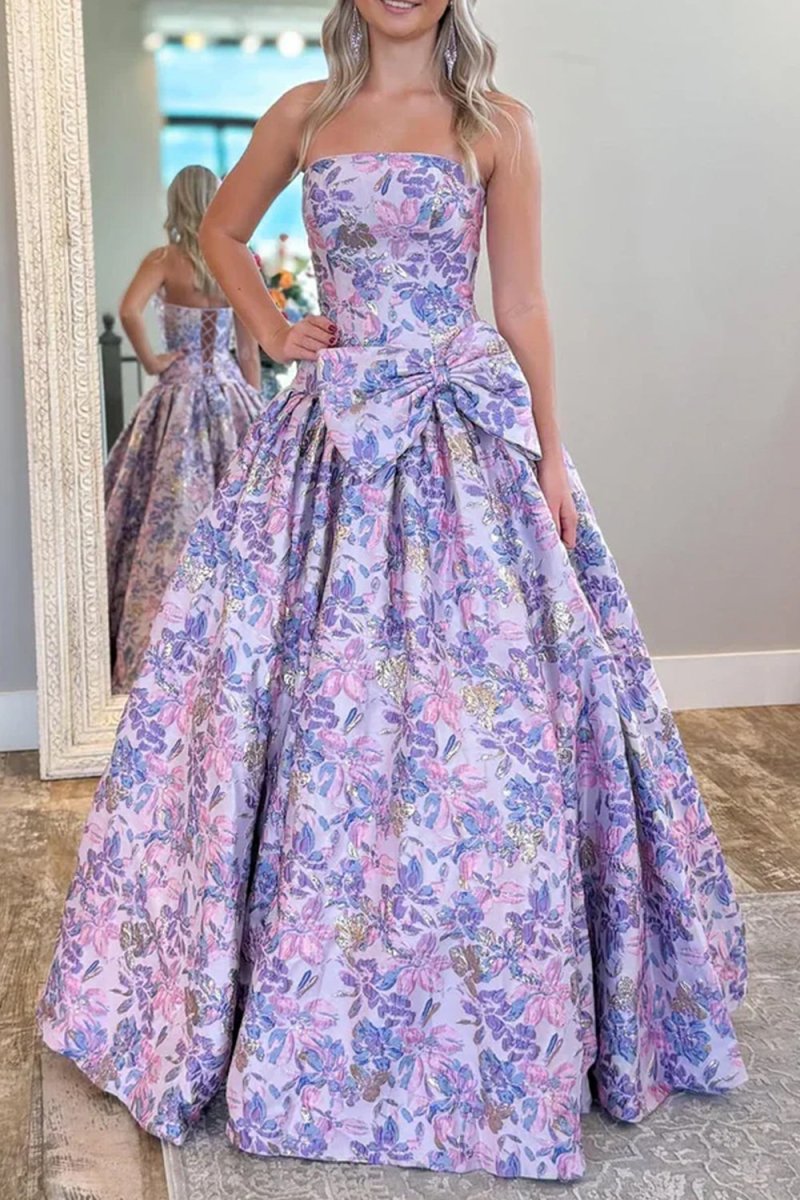 Armina | Lilac - Strapless Floral Printed A Line Long Formal Prom Dresses With Bow - KissProm