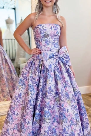 Armina | Lilac - Strapless Floral Printed A Line Long Formal Prom Dresses With Bow - KissProm