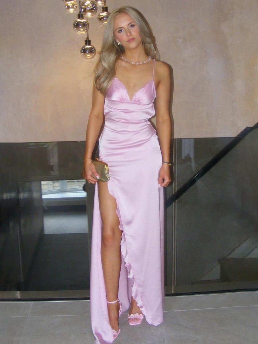 KissProm-Arnav Mermaid Spaghetti Straps Pink Satin Long Party Dress