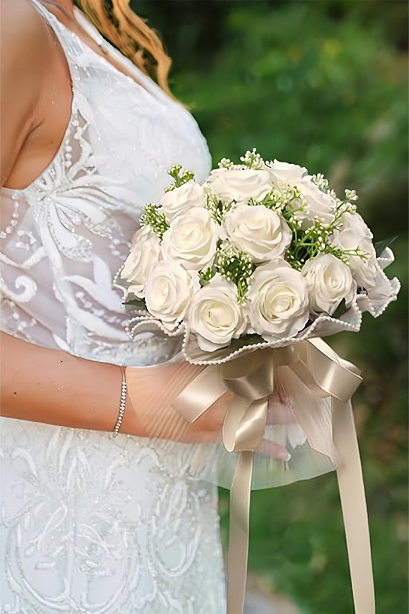 Artificial Ivory Rose Cascade Wedding Flower Bouquets with Pearl - KissProm