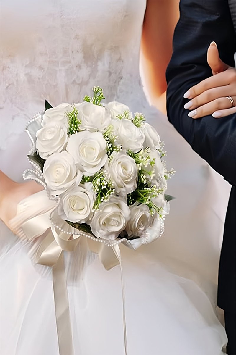 Artificial Ivory Rose Cascade Wedding Flower Bouquets with Pearl - KissProm