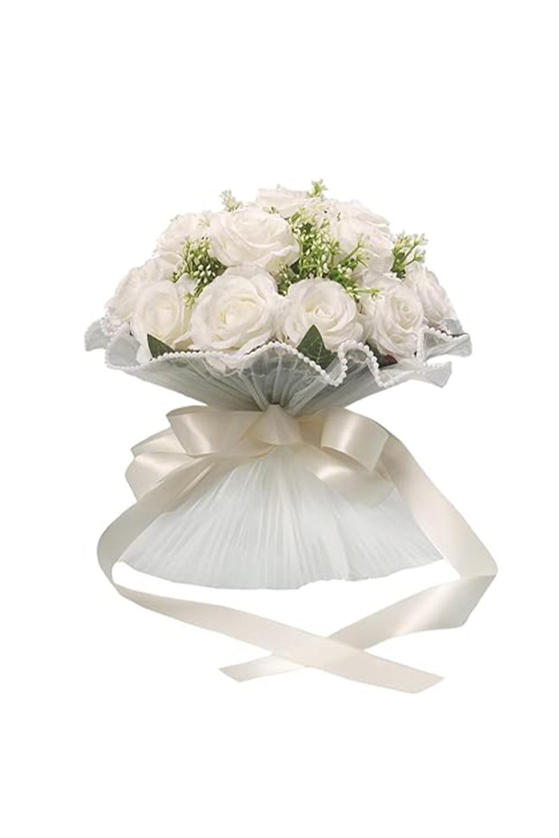 Artificial Ivory Rose Cascade Wedding Flower Bouquets with Pearl - KissProm
