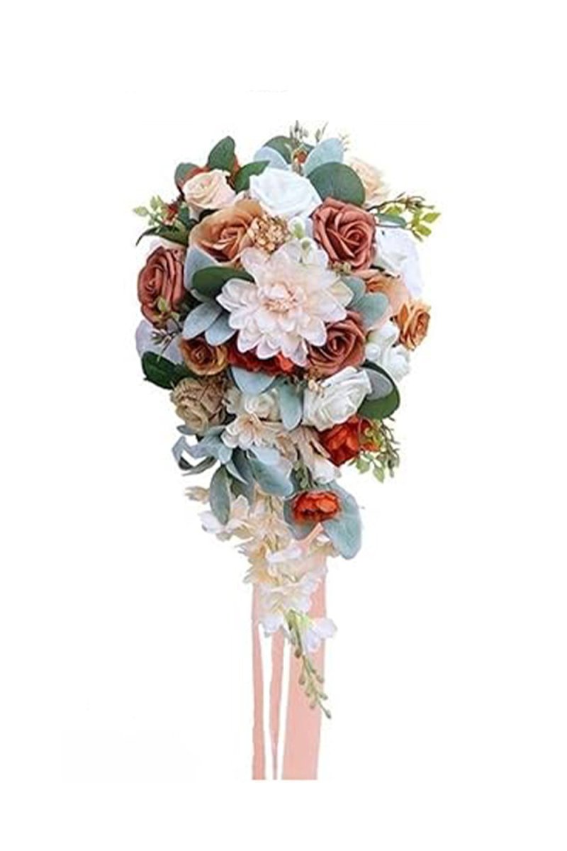 Artificial Orange Rose Peony Cascade Wedding Flower Bouquets - KissProm