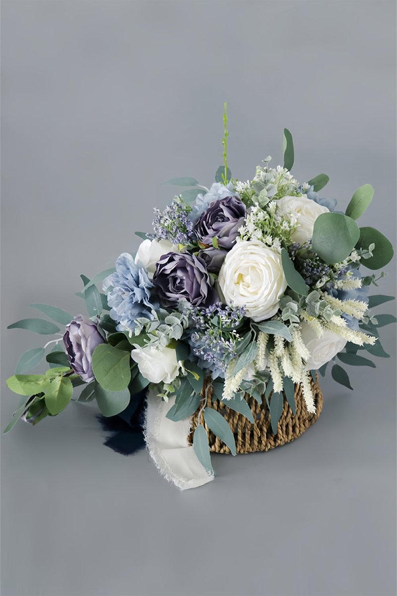 Artificial Purple Rose Cascade Wedding Flower Bouquets with Ribborn - KissProm