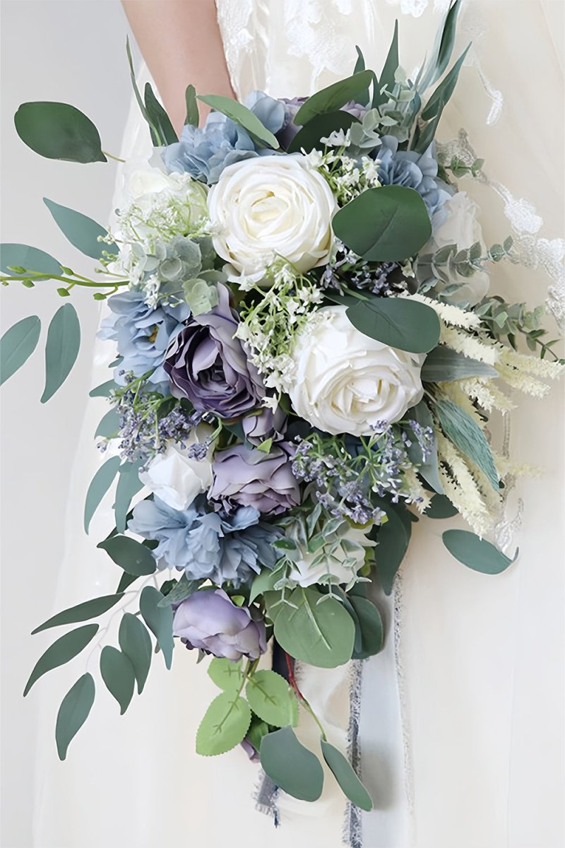 Artificial Purple Rose Cascade Wedding Flower Bouquets with Ribborn - KissProm