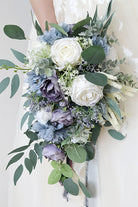 Artificial Purple Rose Cascade Wedding Flower Bouquets with Ribborn - KissProm