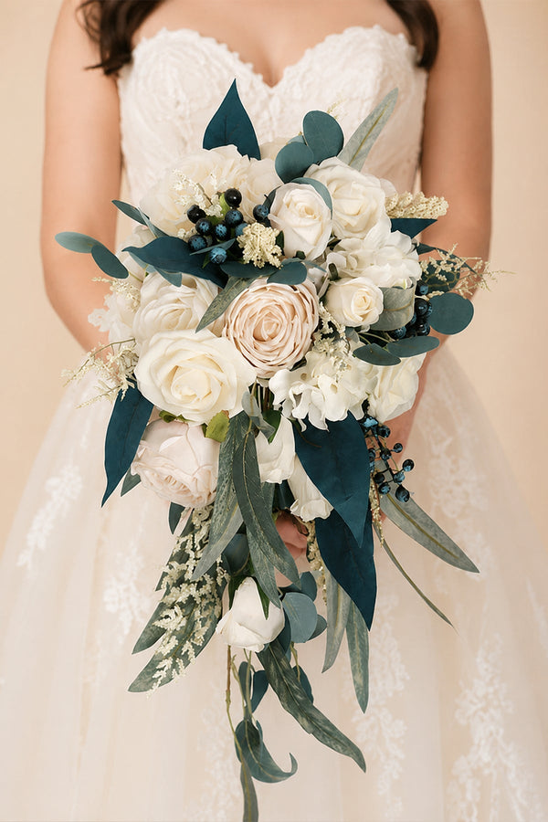 Artificial Silk Roses Cascade Wedding Bridal Bouquets - KissProm Accessories