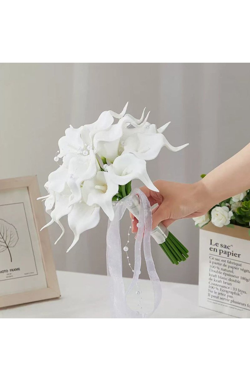 Artificial White Calla Lily Cascade Wedding Flower Bouquets - KissProm
