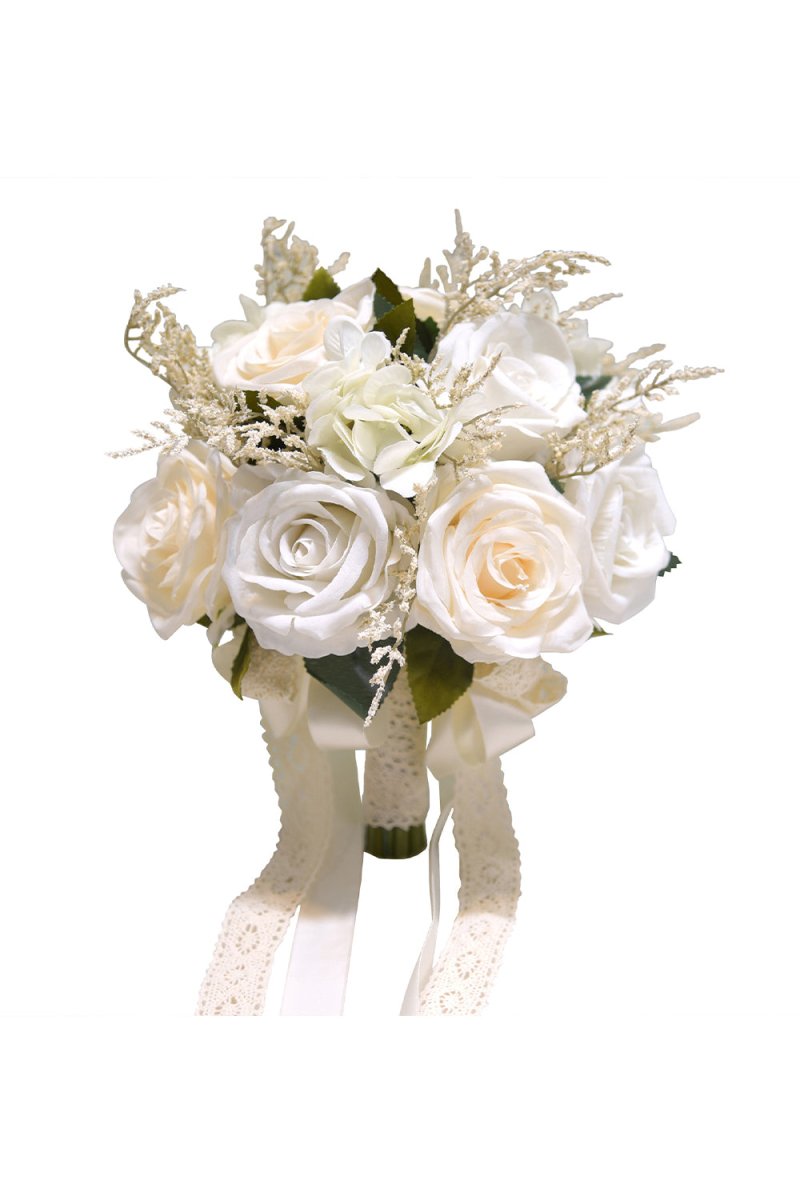 Artificial White Rose Cascade Wedding Flower Bouquets - KissProm