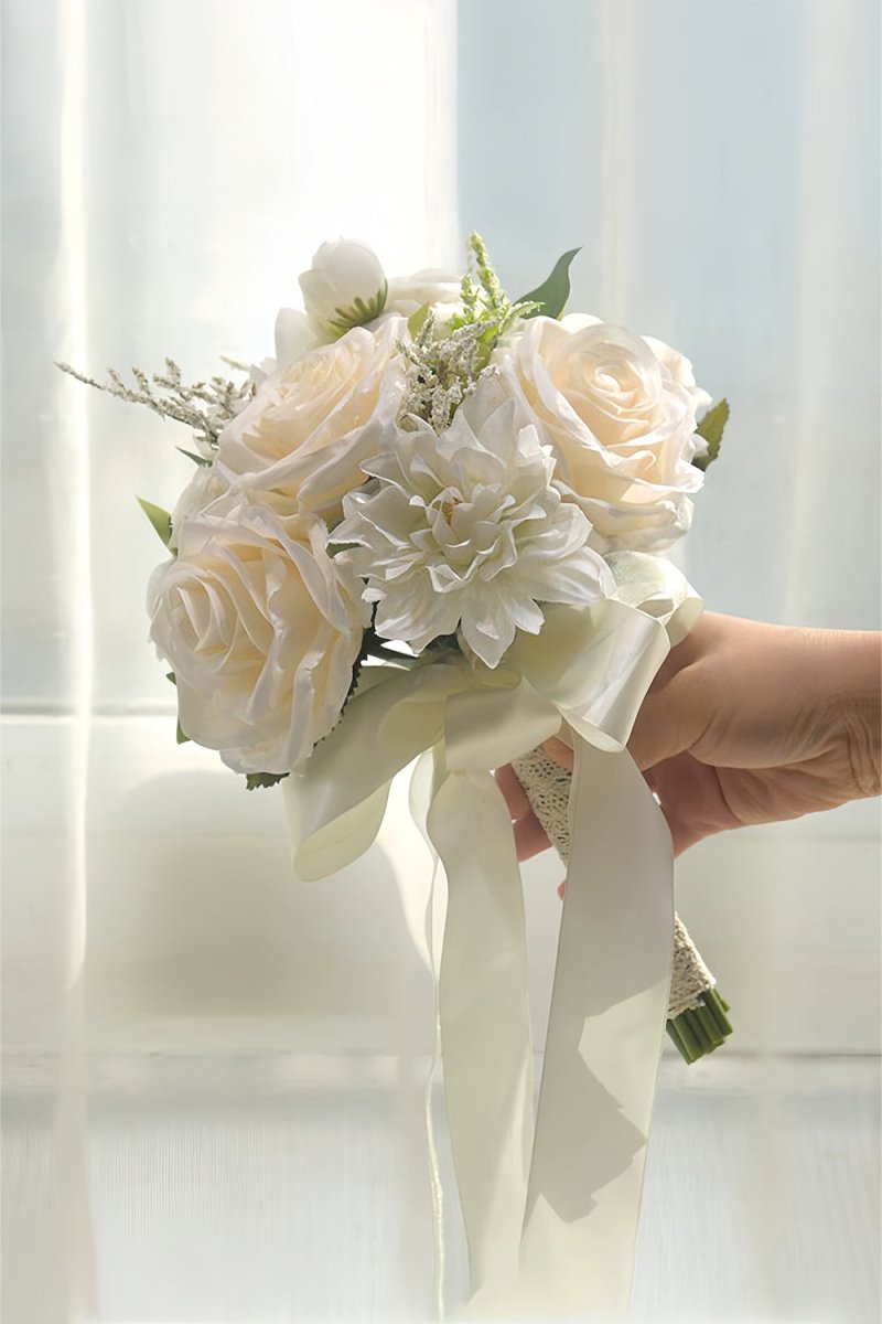 Artificial White Rose Hydrangea Cascade Wedding Flower Bouquets - KissProm