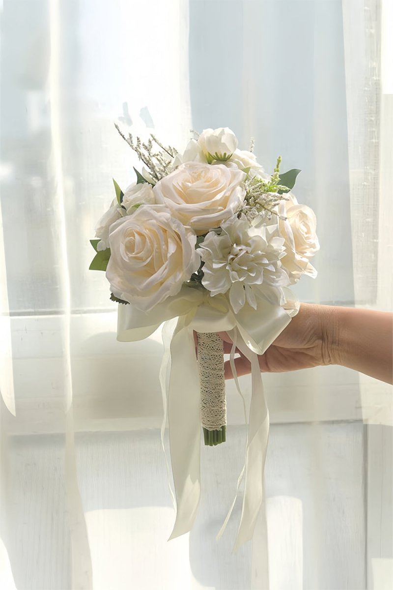 Artificial White Rose Hydrangea Cascade Wedding Flower Bouquets - KissProm