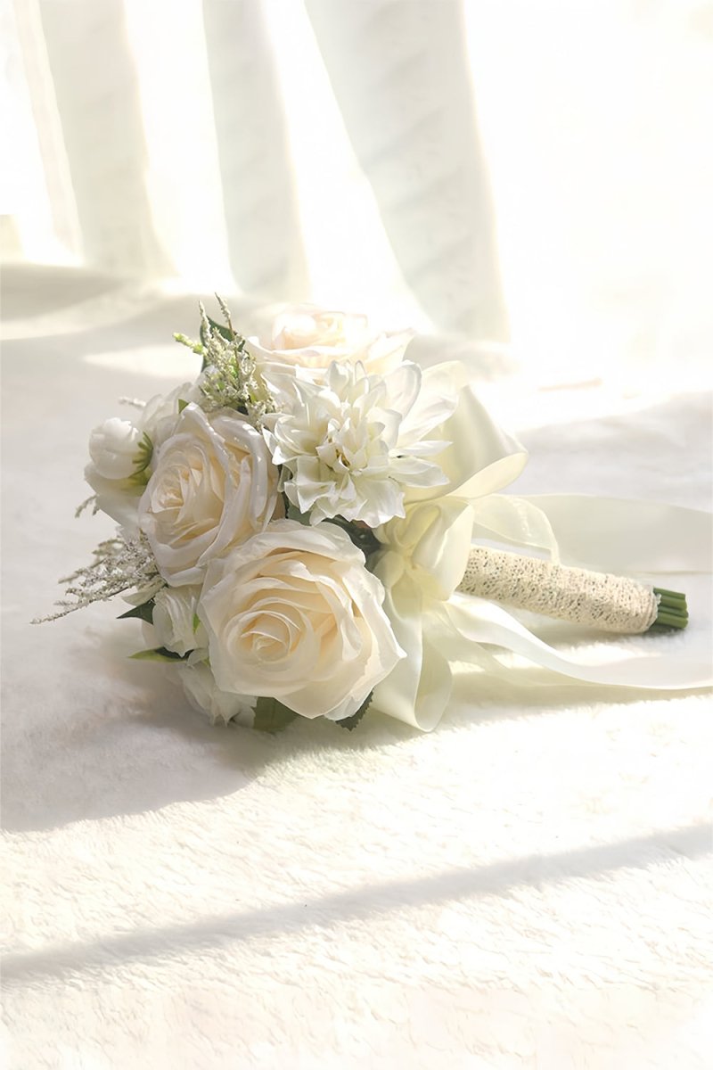 Artificial White Rose Hydrangea Cascade Wedding Flower Bouquets - KissProm