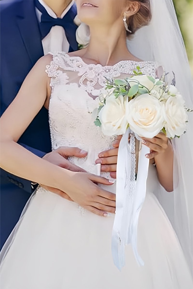 Artificial White Silk Rose Peony Cascade Wedding Bouquet Flowers - KissProm