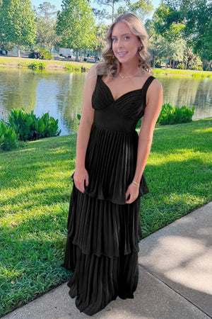 Arvella | Black - Sweetheart A-Line Chiffon Pleated Long Prom Dresses With Ruffles -KissProm