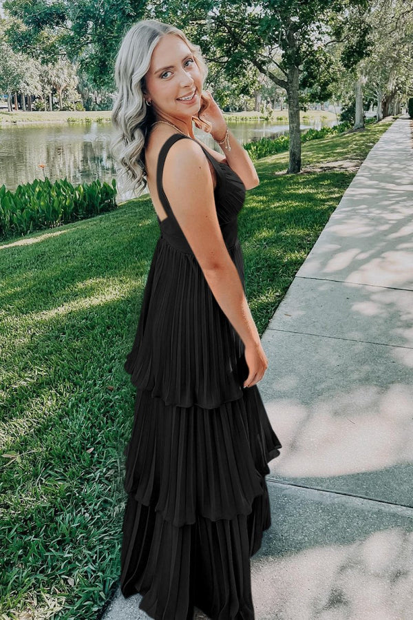 Arvella | Black - Sweetheart A-Line Chiffon Pleated Long Prom Dresses With Ruffles -KissProm