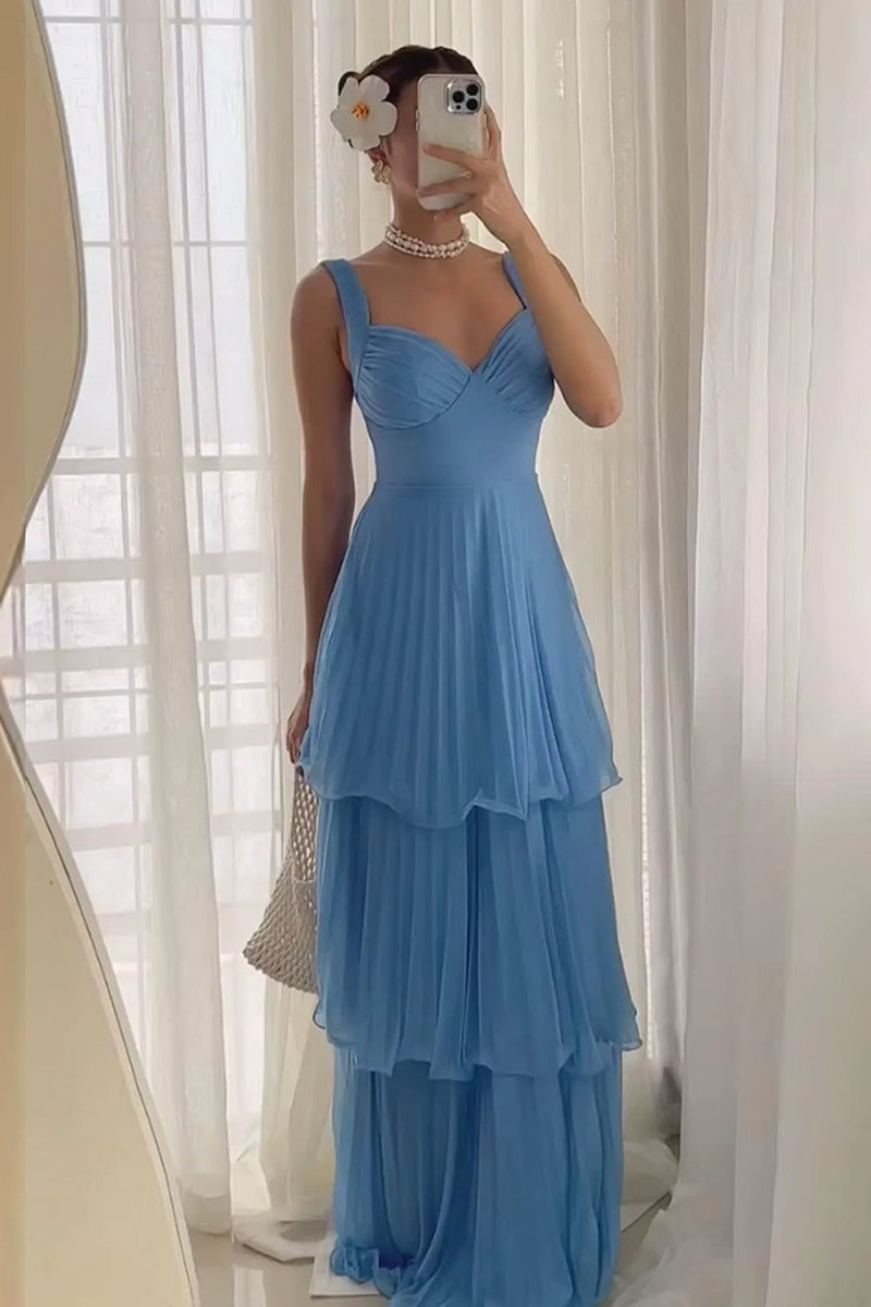 Arvella | Blue - Sweetheart A - Line Chiffon Pleated Long Prom Dresses With Ruffles - KissProm