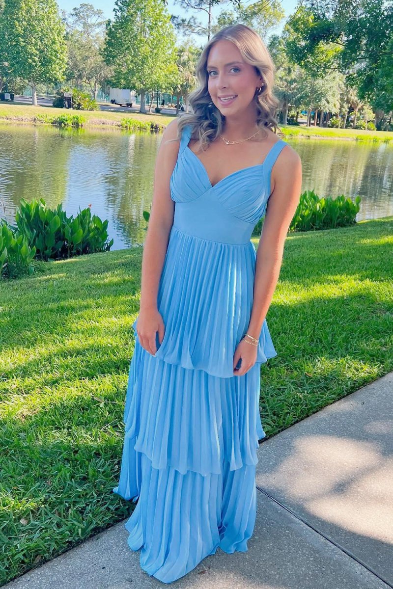 Arvella | Blue - Sweetheart A - Line Chiffon Pleated Long Prom Dresses With Ruffles - KissProm