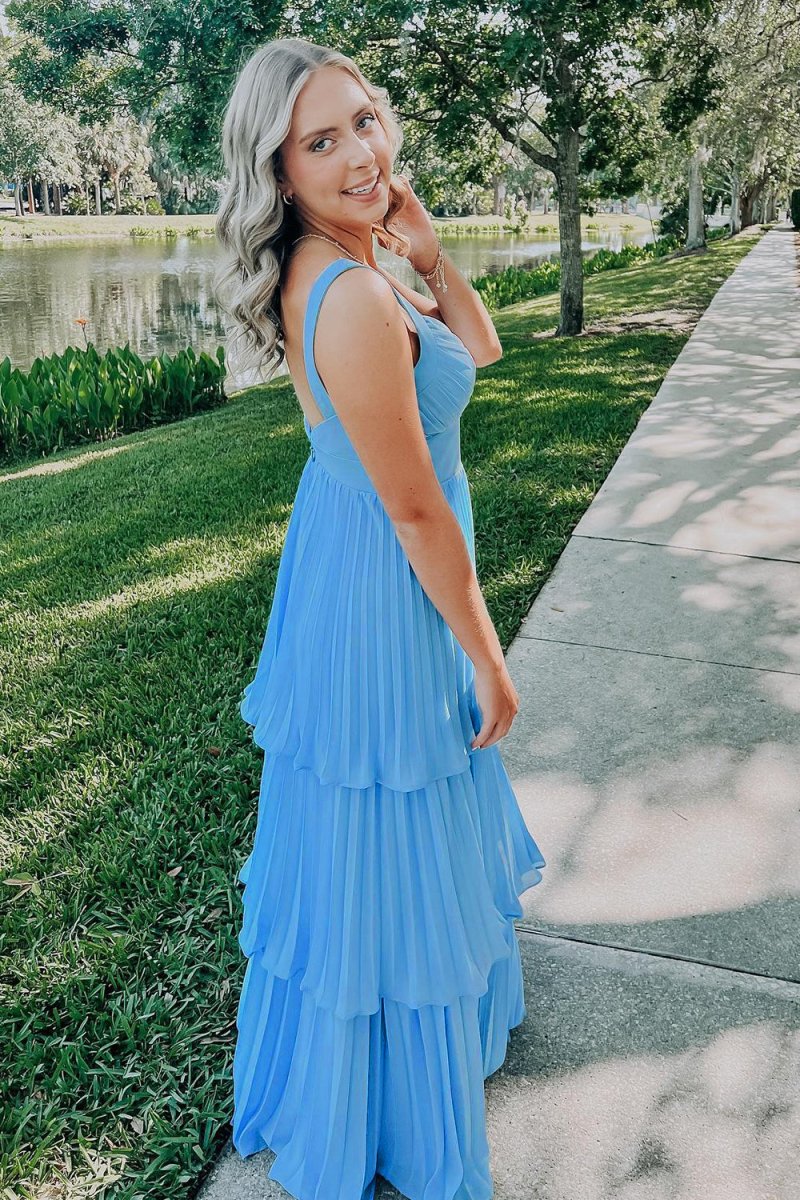 Arvella | Blue - Sweetheart A - Line Chiffon Pleated Long Prom Dresses With Ruffles - KissProm