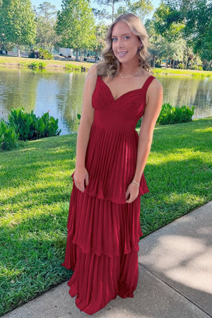 Arvella | Burgundy - Sweetheart A-Line Chiffon Pleated Long Prom Dresses With Ruffles -KissProm