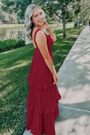 Arvella | Burgundy - Sweetheart A-Line Chiffon Pleated Long Prom Dresses With Ruffles -KissProm