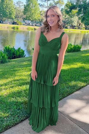 Arvella | Dark Green - Sweetheart A-Line Chiffon Pleated Long Prom Dresses With Ruffles -KissProm