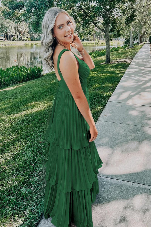 Arvella | Dark Green - Sweetheart A-Line Chiffon Pleated Long Prom Dresses With Ruffles -KissProm