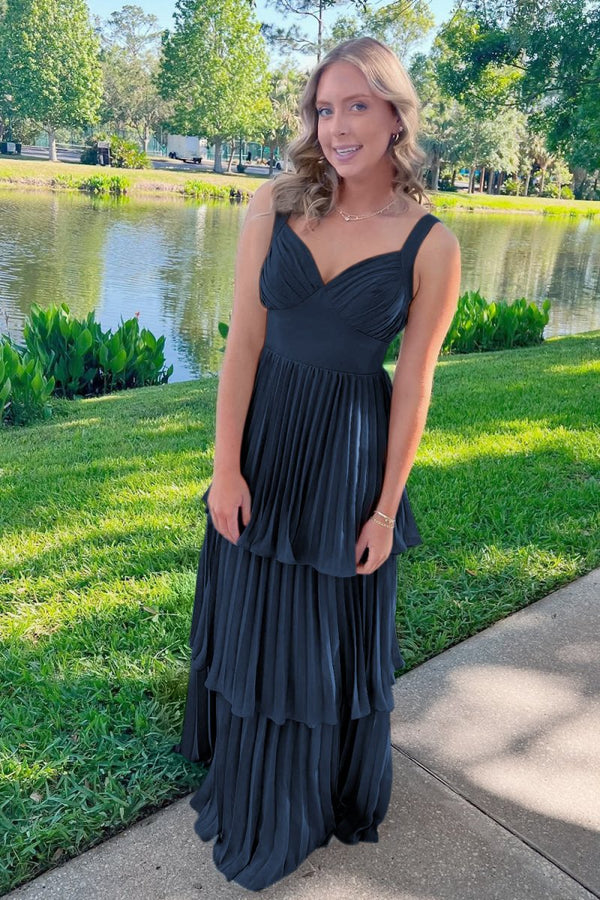 Arvella | Navy Blue - Sweetheart A-Line Chiffon Pleated Long Prom Dresses With Ruffles -KissProm