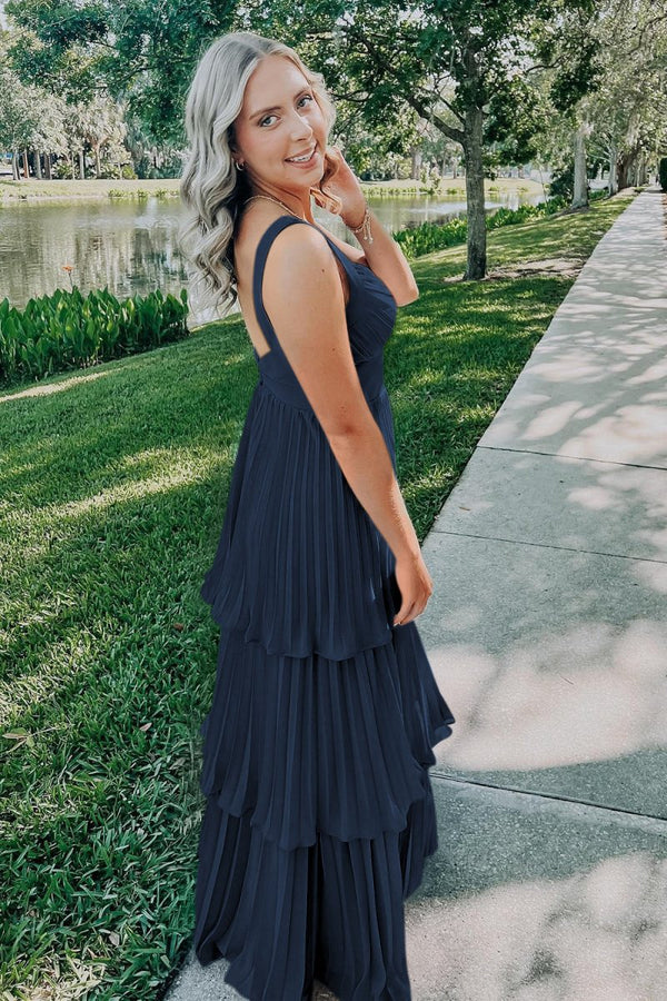 Arvella | Navy Blue - Sweetheart A-Line Chiffon Pleated Long Prom Dresses With Ruffles -KissProm