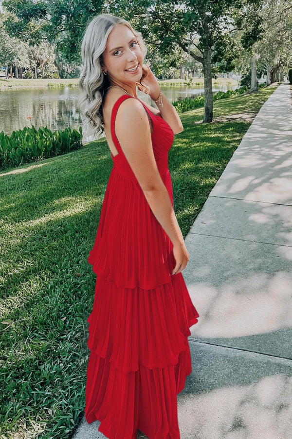 Arvella | Red - Sweetheart A-Line Chiffon Pleated Long Prom Dresses With Ruffles -KissProm