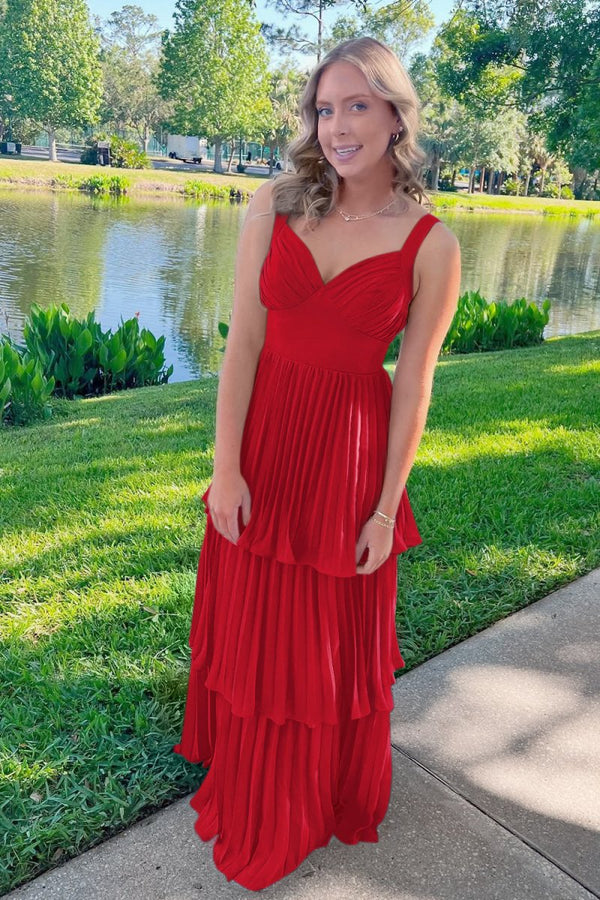 Arvella | Red - Sweetheart A-Line Chiffon Pleated Long Prom Dresses With Ruffles -KissProm