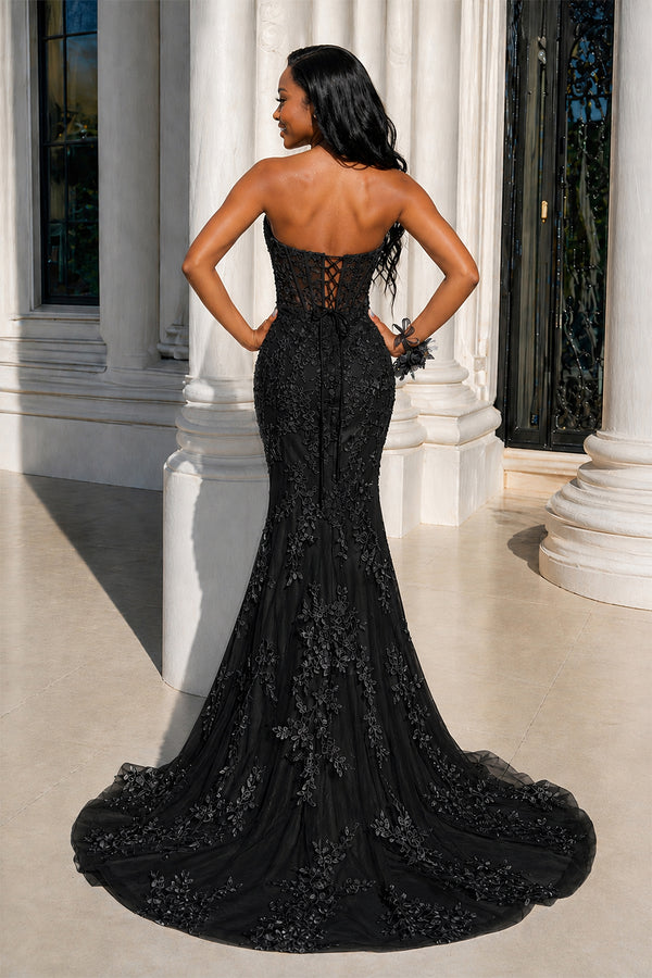 Strapless Mermaid Lace Appliques Long Prom Dress with Bow - KissProm