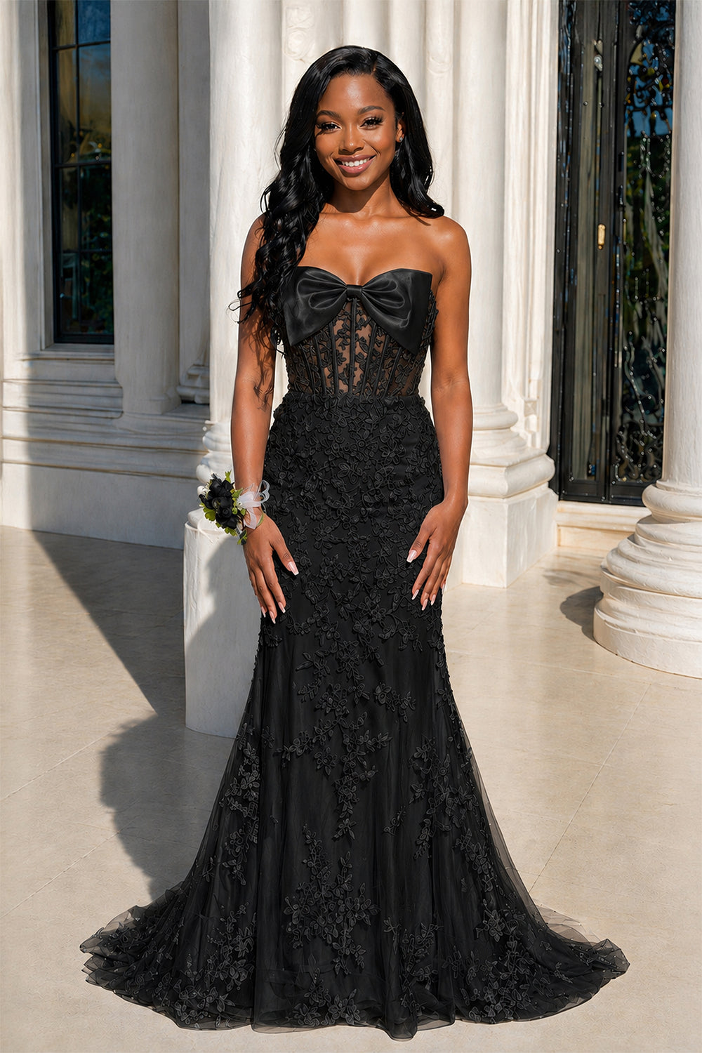 Strapless Mermaid Lace Appliques Long Prom Dress with Bow - KissProm