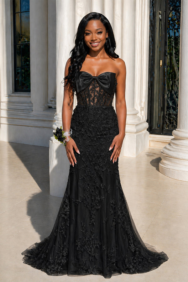 Strapless Mermaid Lace Appliques Long Prom Dress with Bow - KissProm
