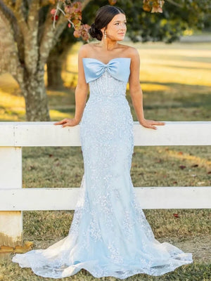 Arvin | Strapless Mermaid Lace Appliques Long Prom Dress with Bow