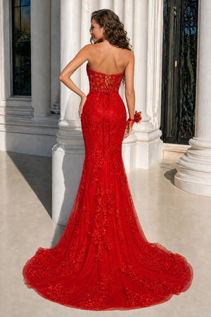 Strapless Mermaid Lace Appliques Long Prom Dress with Bow - KissProm