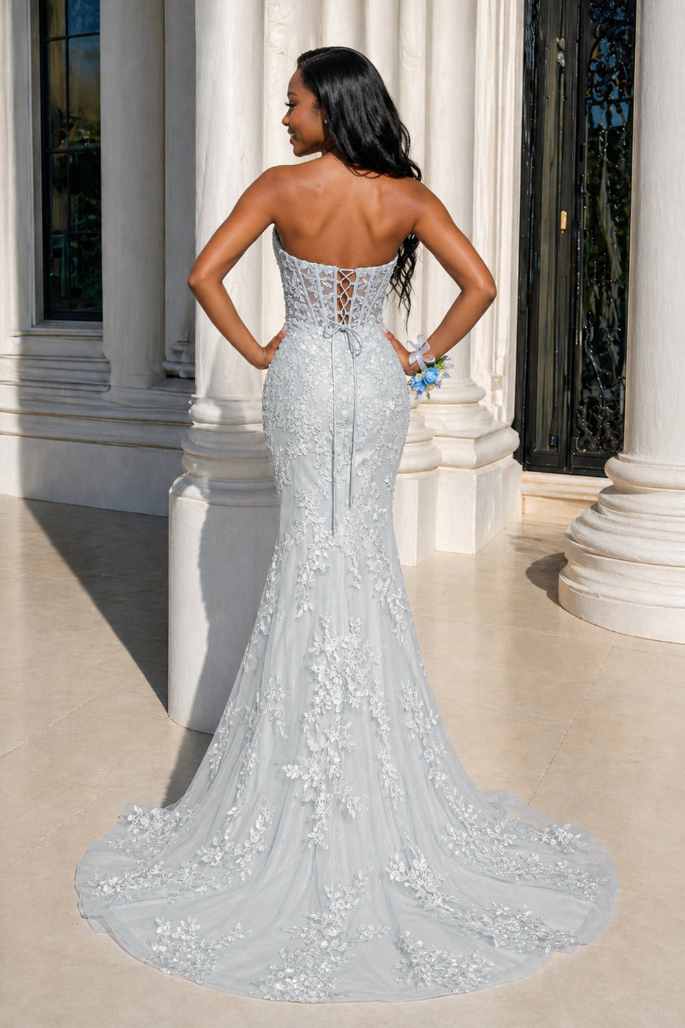 Strapless Mermaid Lace Appliques Long Prom Dress with Bow