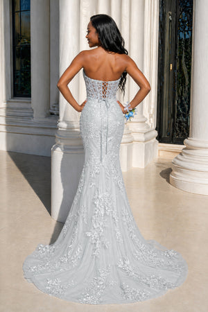 Strapless Mermaid Lace Appliques Long Prom Dress with Bow