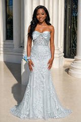 Strapless Mermaid Lace Appliques Long Prom Dress with Bow - KissProm