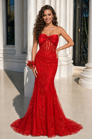 Strapless Mermaid Lace Appliques Long Prom Dress with Bow - KissProm