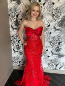 Arvin | Strapless Mermaid Lace Appliques Long Prom Dress with Bow