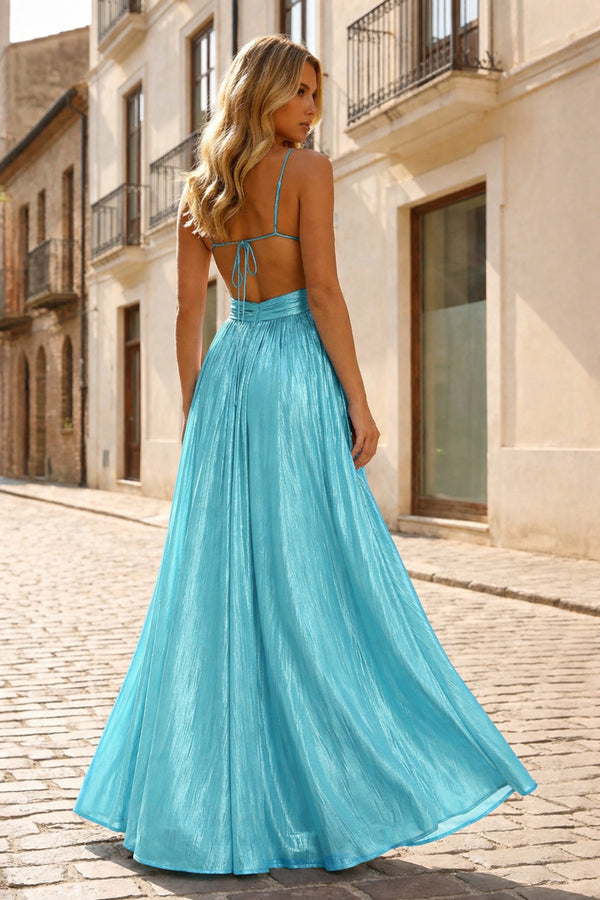 KissProm-Aqua A Line Spaghetti Straps Metallic Satin Long Prom Dresses With Cut out