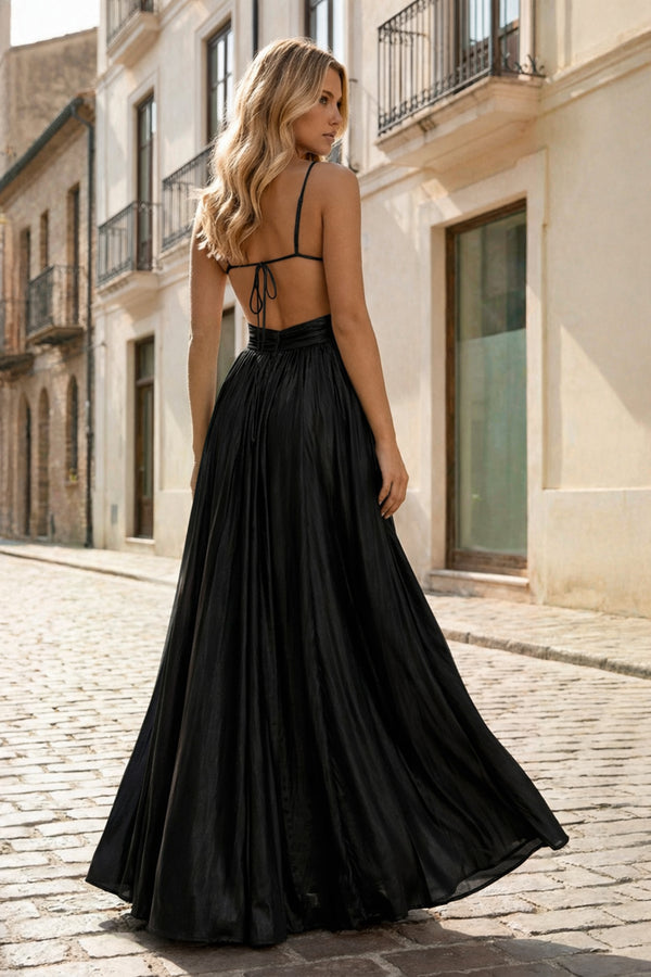 KissProm-Black A Line Spaghetti Straps Metallic Satin Long Prom Dresses With Cut out