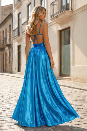 KissProm-Blue A Line Spaghetti Straps Metallic Satin Long Prom Dresses With Cut out