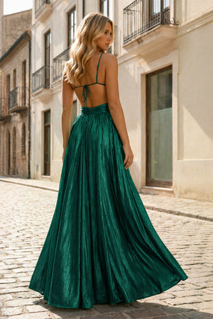 KissProm-Dark Green A Line Spaghetti Straps Metallic Satin Long Prom Dresses With Cut out