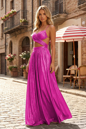 KissProm-Fuchsia A Line Spaghetti Straps Metallic Satin Long Prom Dresses With Cut out