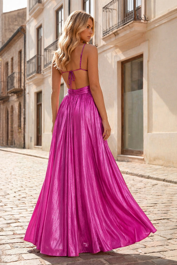 KissProm-Fuchsia A Line Spaghetti Straps Metallic Satin Long Prom Dresses With Cut out