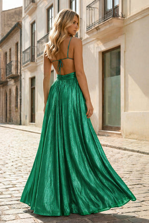 KissProm-Green A Line Spaghetti Straps Metallic Satin Long Prom Dresses With Cut out