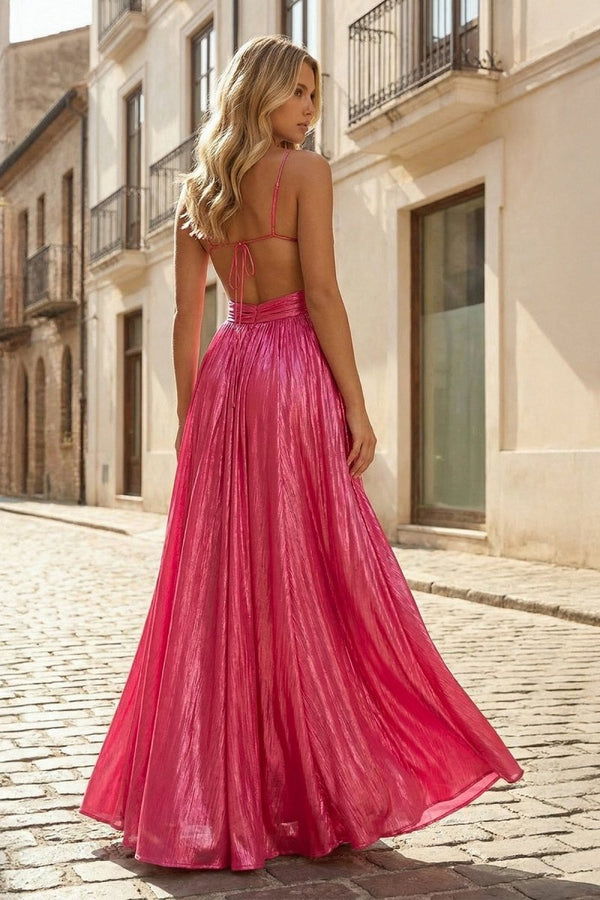 KissProm Hot Pink A Line Spaghetti Straps Metallic Satin Long Prom Dresses With Cut out, Fuchsia / 4