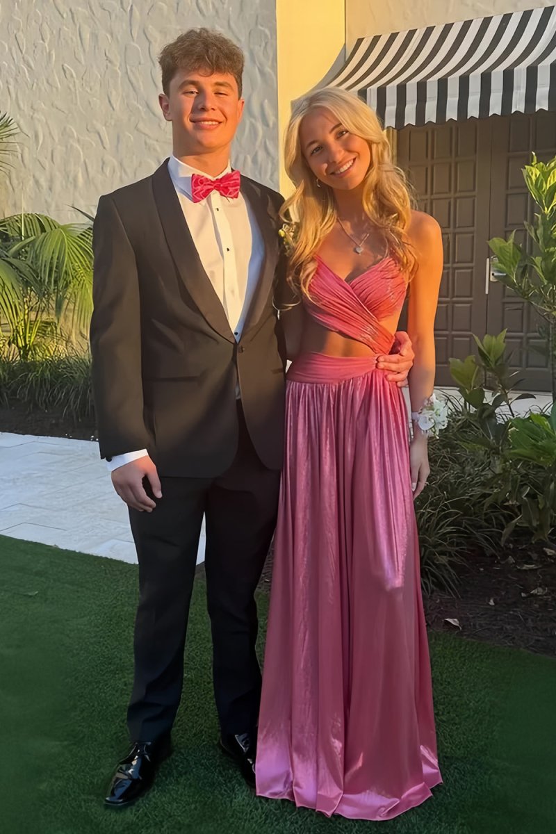 Arvyn | Hot Pink - A Line V Neck Metallic Satin Long Prom Dresses With Cut out - KissProm